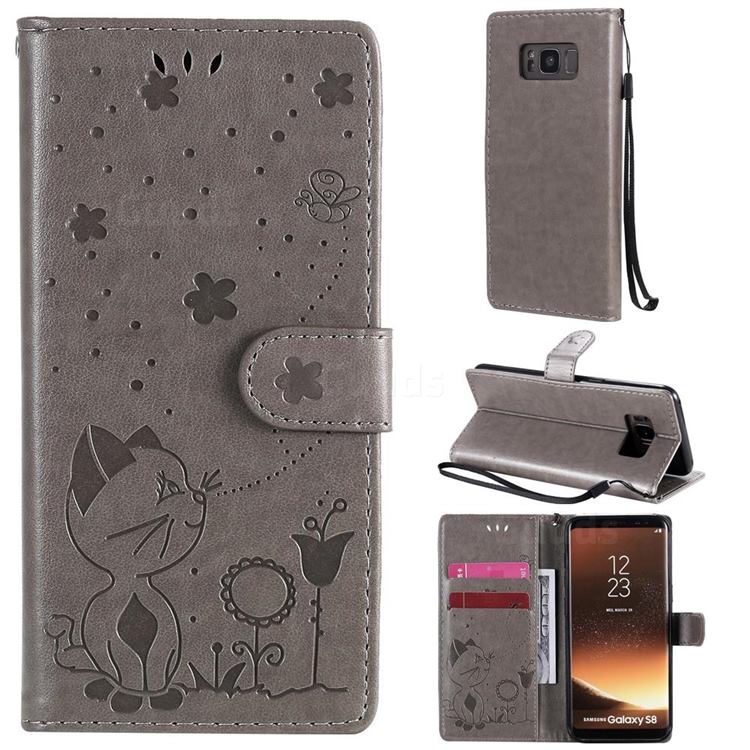 Embossing Bee and Cat Leather Wallet Case for Samsung Galaxy S8 - Gray