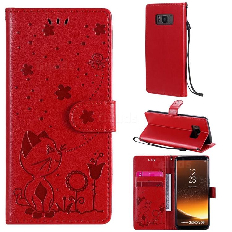 Embossing Bee and Cat Leather Wallet Case for Samsung Galaxy S8 - Red