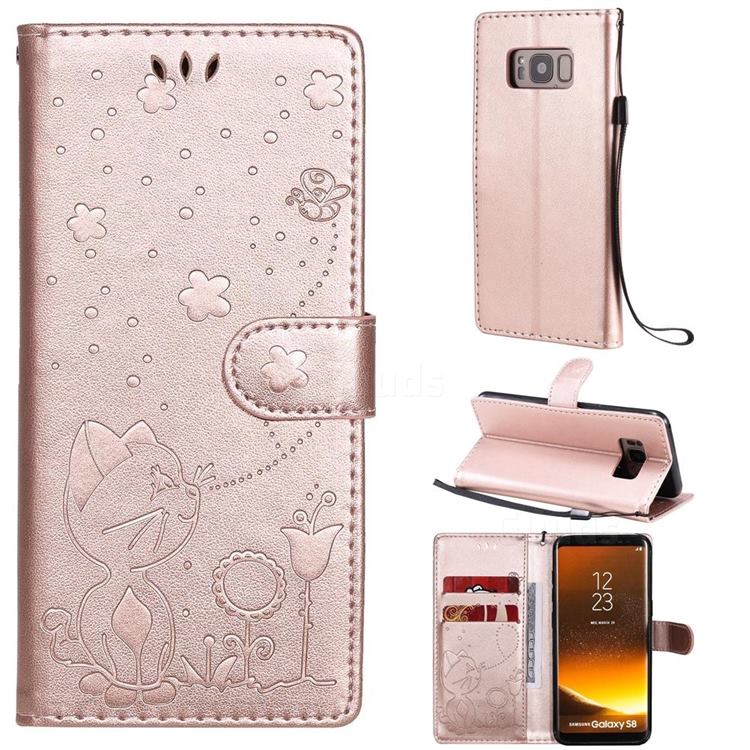 Embossing Bee and Cat Leather Wallet Case for Samsung Galaxy S8 - Rose Gold