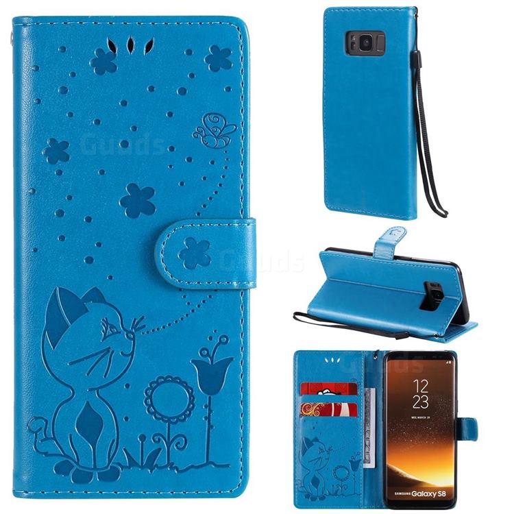 Embossing Bee and Cat Leather Wallet Case for Samsung Galaxy S8 - Blue