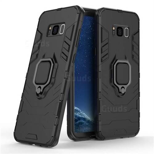 Black Panther Armor Metal Ring Grip Shockproof Dual Layer Rugged Hard Cover for Samsung Galaxy S8 Plus S8+ - Black
