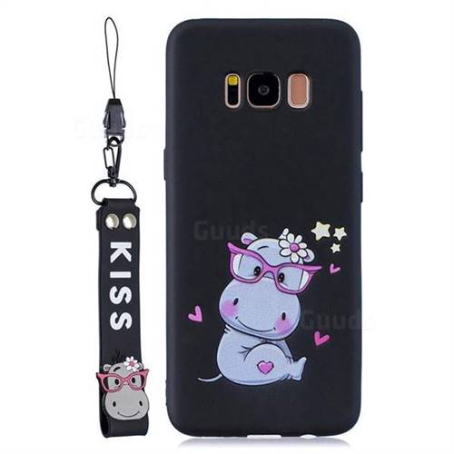 Black Flower Hippo Soft Kiss Candy Hand Strap Silicone Case for Samsung Galaxy S8 Plus S8+