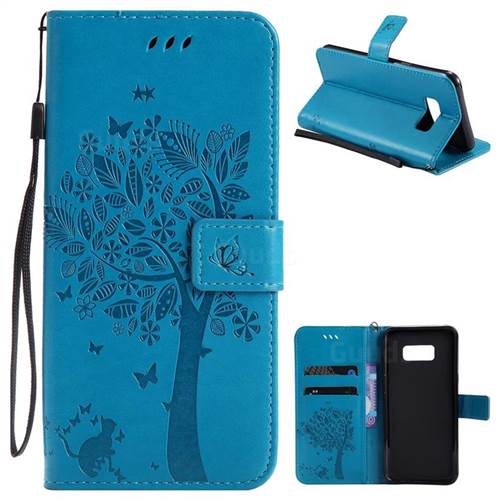 Embossing Butterfly Tree Leather Wallet Case for Samsung Galaxy S8 Plus S8+ - Blue