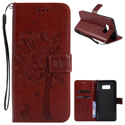 Embossing Butterfly Tree Leather Wallet Case for Samsung Galaxy S8 Plus S8+ - Brown