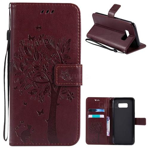Embossing Butterfly Tree Leather Wallet Case for Samsung Galaxy S8 Plus S8+ - Coffee