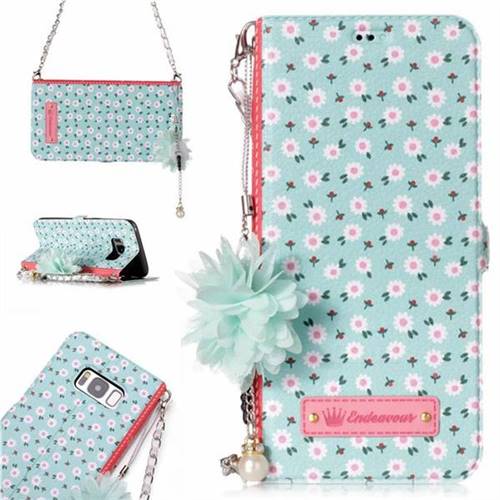 Daisy Endeavour Florid Pearl Flower Pendant Metal Strap PU Leather Wallet Case for Samsung Galaxy S8 Plus S8+