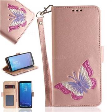 Imprint Embossing Butterfly Leather Wallet Case for Samsung Galaxy S8 Plus S8+ - Rose Gold