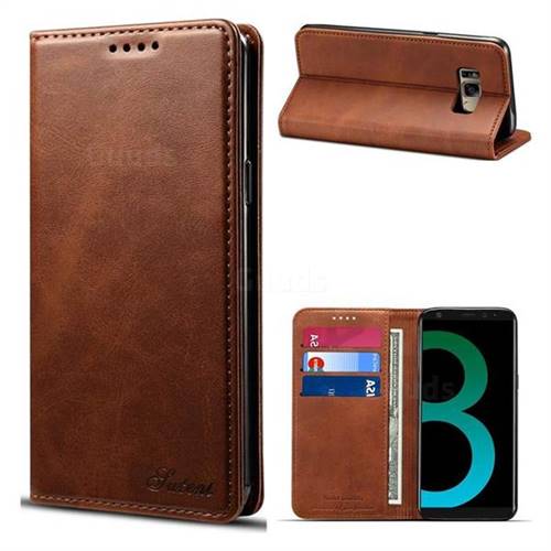 Suteni Simple Style Calf Stripe Leather Wallet Phone Case for Samsung Galaxy S8 Plus S8+ - Brown