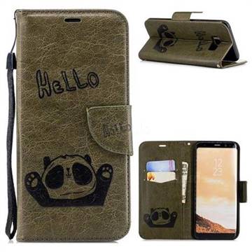 Embossing Hello Panda Leather Wallet Phone Case for Samsung Galaxy S8 Plus S8+ - Olive Green