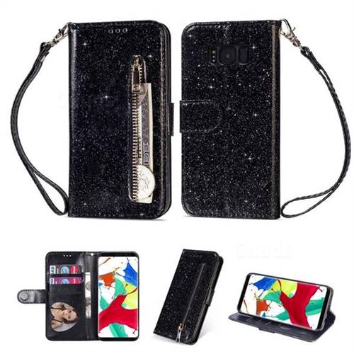Glitter Shine Leather Zipper Wallet Phone Case for Samsung Galaxy S8 Plus S8+ - Black