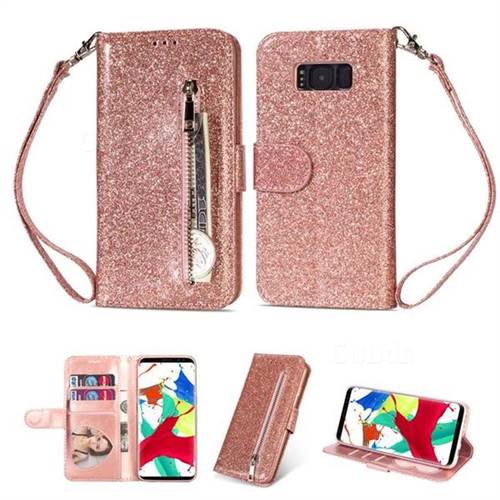 Glitter Shine Leather Zipper Wallet Phone Case for Samsung Galaxy S8 Plus S8+ - Pink