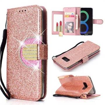 Glitter Diamond Buckle Splice Mirror Leather Wallet Phone Case for Samsung Galaxy S8 Plus S8+ - Rose Gold