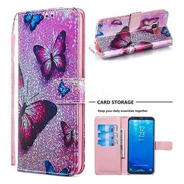 Blue Butterfly Sequins Painted Leather Wallet Case for Samsung Galaxy S8 Plus S8+