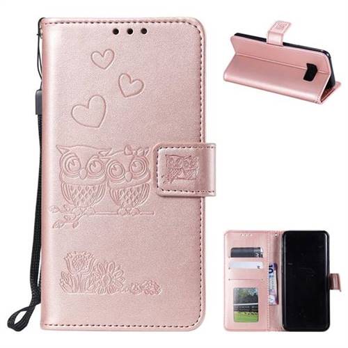 Embossing Owl Couple Flower Leather Wallet Case for Samsung Galaxy S8 Plus S8+ - Rose Gold
