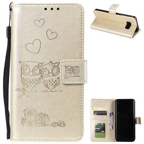 Embossing Owl Couple Flower Leather Wallet Case for Samsung Galaxy S8 Plus S8+ - Golden