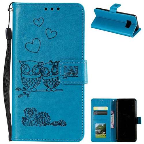 Embossing Owl Couple Flower Leather Wallet Case for Samsung Galaxy S8 Plus S8+ - Blue