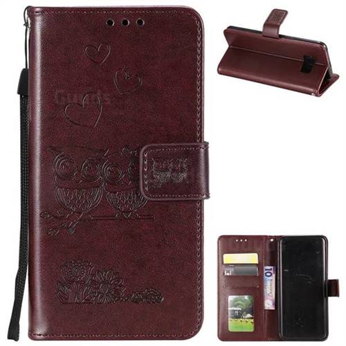 Embossing Owl Couple Flower Leather Wallet Case for Samsung Galaxy S8 Plus S8+ - Brown
