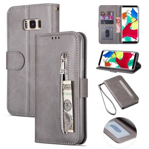 Retro Calfskin Zipper Leather Wallet Case Cover for Samsung Galaxy S8 Plus S8+ - Grey