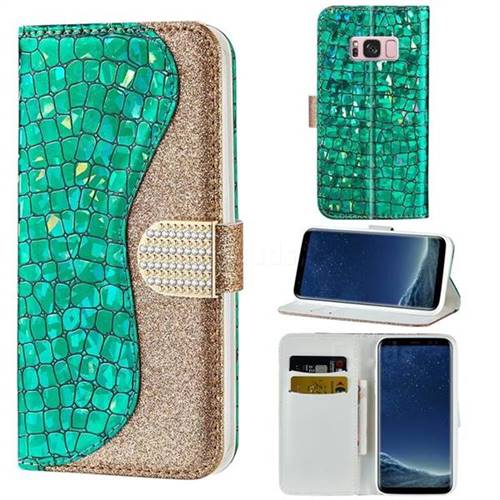 Glitter Diamond Buckle Laser Stitching Leather Wallet Phone Case for Samsung Galaxy S8 Plus S8+ - Green