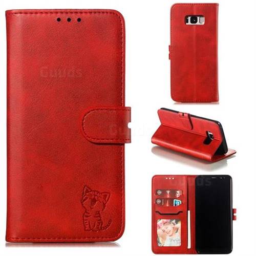 Embossing Happy Cat Leather Wallet Case for Samsung Galaxy S8 Plus S8+ - Red
