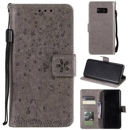Embossing Cherry Blossom Cat Leather Wallet Case for Samsung Galaxy S8 Plus S8+ - Gray
