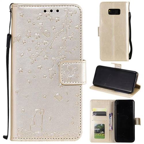 Embossing Cherry Blossom Cat Leather Wallet Case for Samsung Galaxy S8 Plus S8+ - Golden