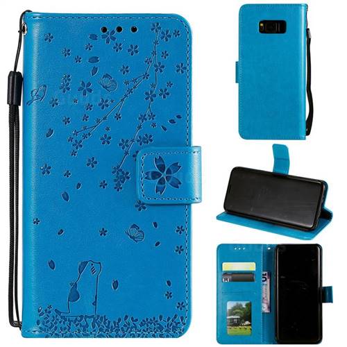 Embossing Cherry Blossom Cat Leather Wallet Case for Samsung Galaxy S8 Plus S8+ - Blue