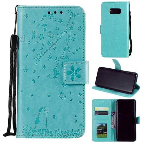 Embossing Cherry Blossom Cat Leather Wallet Case for Samsung Galaxy S8 Plus S8+ - Green