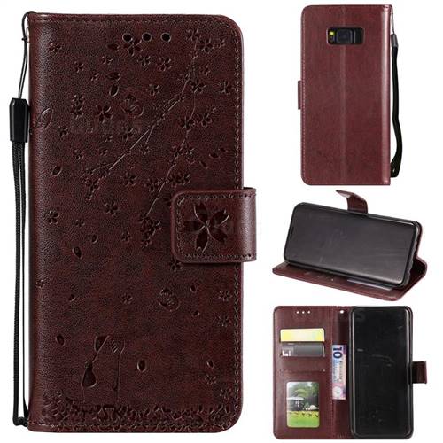 Embossing Cherry Blossom Cat Leather Wallet Case for Samsung Galaxy S8 Plus S8+ - Brown