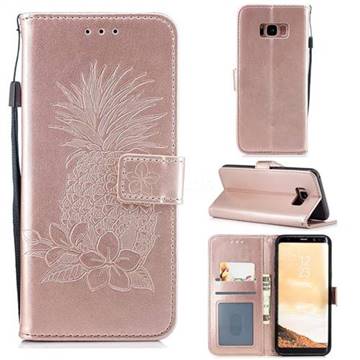 Embossing Flower Pineapple Leather Wallet Case for Samsung Galaxy S8 Plus S8+ - Rose Gold