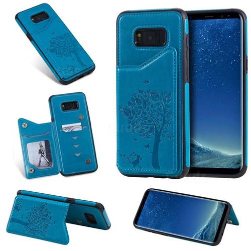 Luxury R61 Tree Cat Magnetic Stand Card Leather Phone Case for Samsung Galaxy S8 Plus S8+ - Blue
