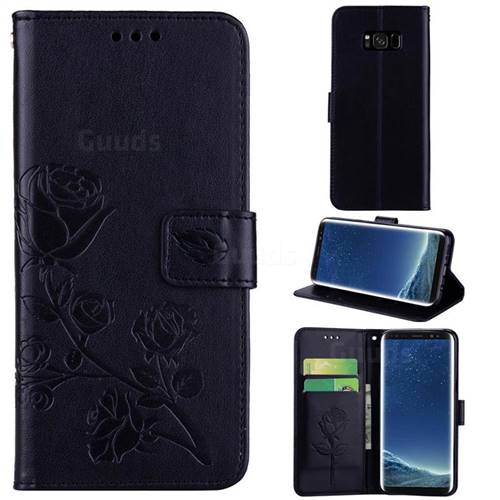 Embossing Rose Flower Leather Wallet Case for Samsung Galaxy S8 Plus S8+ - Black