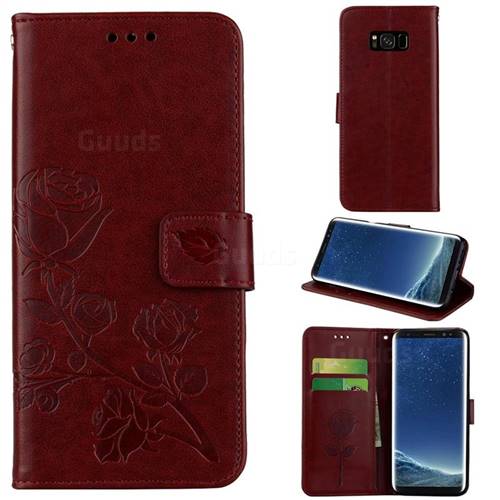 Embossing Rose Flower Leather Wallet Case for Samsung Galaxy S8 Plus S8+ - Brown