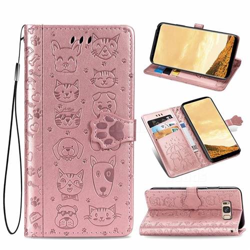 Embossing Dog Paw Kitten and Puppy Leather Wallet Case for Samsung Galaxy S8 Plus S8+ - Rose Gold