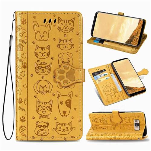 Embossing Dog Paw Kitten and Puppy Leather Wallet Case for Samsung Galaxy S8 Plus S8+ - Yellow