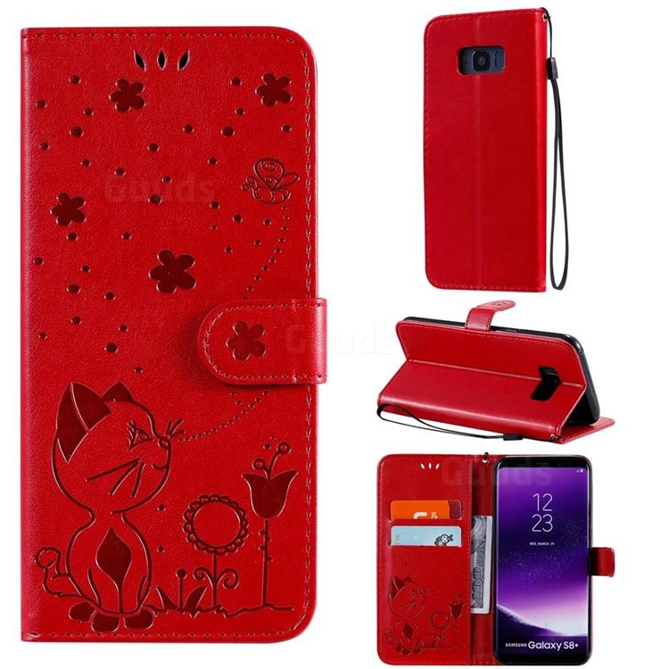 Embossing Bee and Cat Leather Wallet Case for Samsung Galaxy S8 Plus S8+ - Red