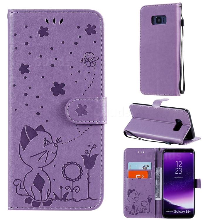 Embossing Bee and Cat Leather Wallet Case for Samsung Galaxy S8 Plus S8+ - Purple