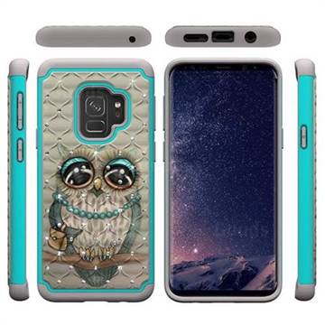 Sweet Gray Owl Studded Rhinestone Bling Diamond Shock Absorbing Hybrid Defender Rugged Phone Case Cover for Samsung Galaxy S9