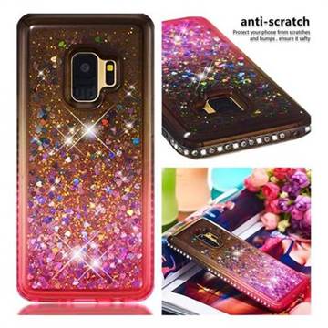Diamond Frame Liquid Glitter Quicksand Sequins Phone Case for Samsung Galaxy S9 - Gray Pink