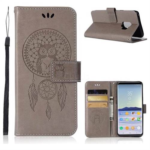 Intricate Embossing Owl Campanula Leather Wallet Case for Samsung Galaxy S9 - Grey