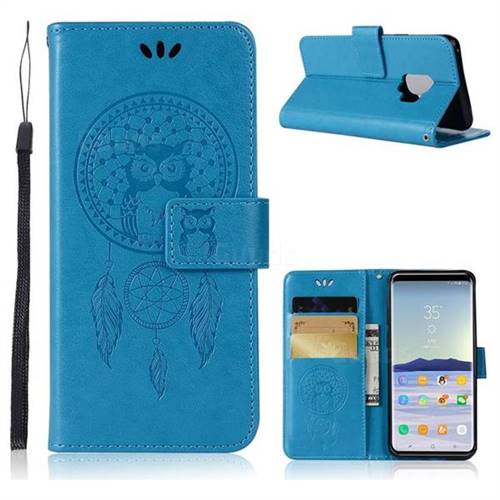 Intricate Embossing Owl Campanula Leather Wallet Case for Samsung Galaxy S9 - Blue