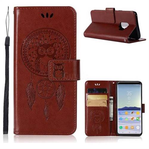 Intricate Embossing Owl Campanula Leather Wallet Case for Samsung Galaxy S9 - Brown