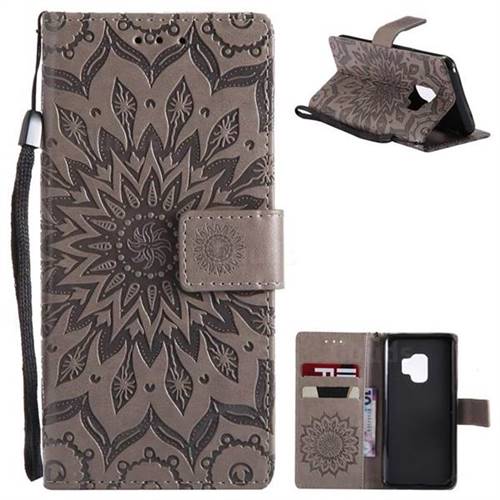 Embossing Sunflower Leather Wallet Case for Samsung Galaxy S9 - Gray