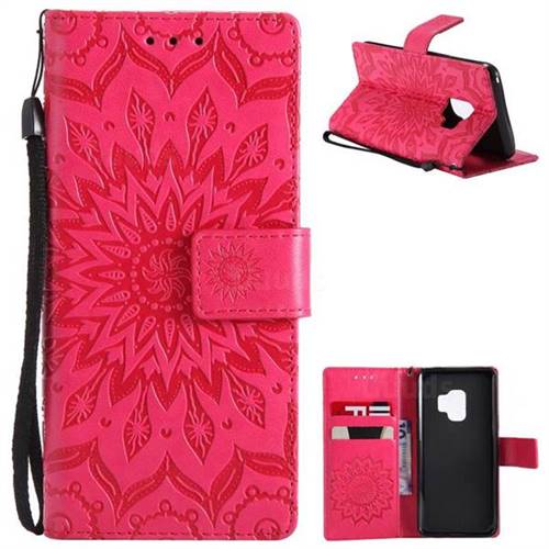 Embossing Sunflower Leather Wallet Case for Samsung Galaxy S9 - Red