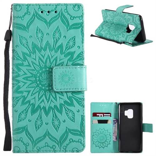 Embossing Sunflower Leather Wallet Case for Samsung Galaxy S9 - Green