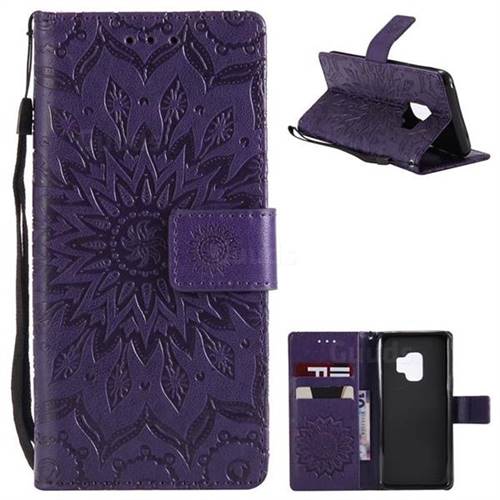 Embossing Sunflower Leather Wallet Case for Samsung Galaxy S9 - Purple