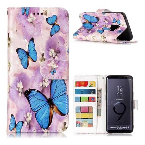 Purple Flowers Butterfly 3D Relief Oil PU Leather Wallet Case for Samsung Galaxy S9