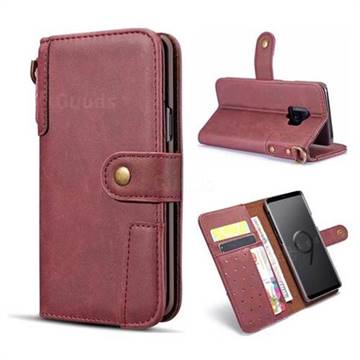 Retro Luxury Cowhide Leather Wallet Case for Samsung Galaxy S9 - Wine Red