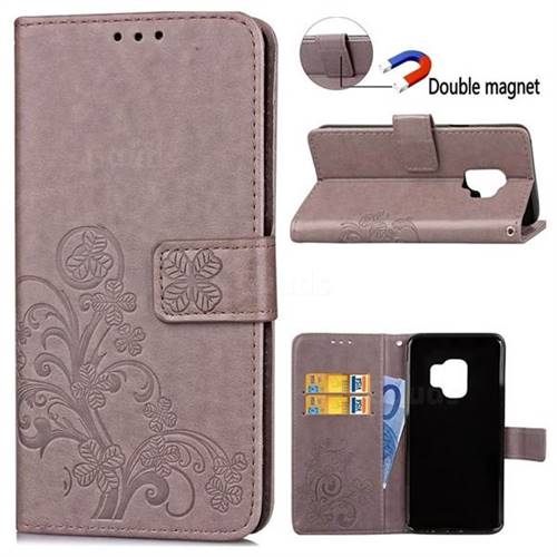 Embossing Imprint Four-Leaf Clover Leather Wallet Case for Samsung Galaxy S9 - Grey