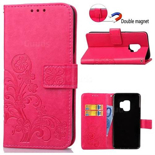 Embossing Imprint Four-Leaf Clover Leather Wallet Case for Samsung Galaxy S9 - Rose